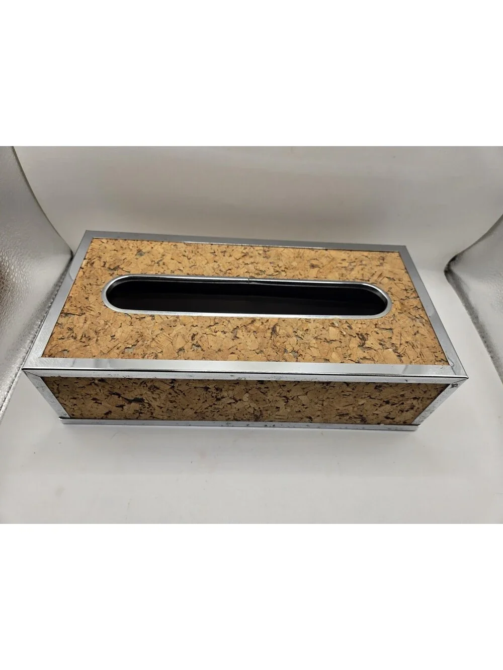 Vintage Mid Century Modern Cork & Chrome Tissue Box Holder Cover Rectangular